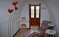 The inside of special accommodation with poppy flowers on the wall