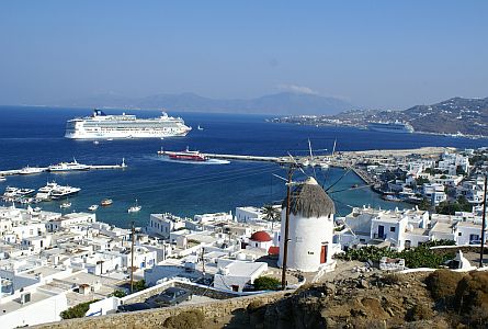 View on harbour withe whitewashed houses on Mykonos island