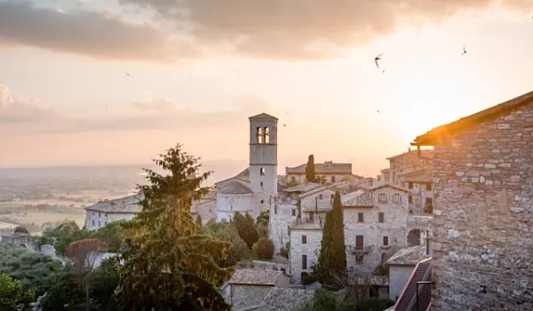 Evening light panorama of the Italian town of Assisi.