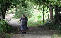 Elderly woman walking with sticks along a shaded lane