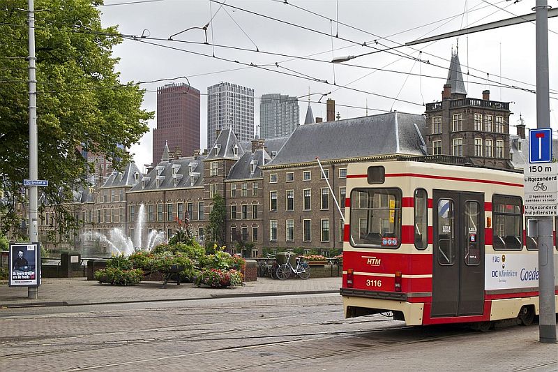 Tram in the Hague city centre A tram and buildings in the Hague city centre