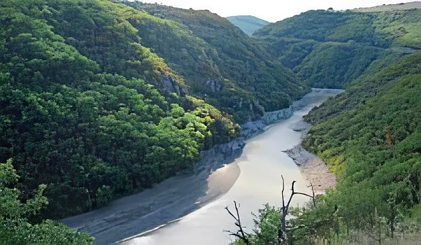 The Tarn River flowing through a deep sided valley lined with green trees